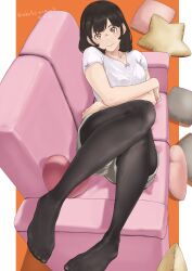 Rule 34 | 1girl, absurdres, artist name, black hair, black pantyhose, bow, breasts, brown eyes, collarbone, couch, feet, fine fabric emphasis, full body, grey shorts, head tilt, heart, heart-shaped pillow, highres, indoors, knees together feet apart, looking at viewer, lying, mbr90munouk, medium breasts, medium hair, no shoes, on back, orange background, original, pantyhose, pillow, pink bow, shadow, shirt, short shorts, shorts, sidelocks, solo, star-shaped pillow, thighs, toes, twitter username, white shirt