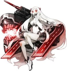 Rule 34 | 10s, 1girl, abyssal ship, airfield princess, akira (kadokawa), ankle boots, boots, full body, heattech leotard, horns, jpeg artifacts, kantai collection, long hair, official art, red eyes, simple background, solo, turtleneck, white background, white footwear, white hair