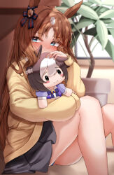 Rule 34 | 1girl, alternate costume, animal ears, blue eyes, blue panties, blurry, blurry background, blush, blush stickers, bow, braid, brown hair, cardigan, character doll, closed mouth, commentary request, doll, ear blush, ear ornament, french braid, grass wonder (umamusume), grey skirt, hair between eyes, highres, holding, holding doll, horse ears, horse girl, knees up, long hair, long sleeves, looking at viewer, multicolored hair, panties, pantyshot, plant, pleated skirt, potted plant, puffy short sleeves, puffy sleeves, purple bow, purple shirt, sailor collar, school uniform, shirt, short sleeves, skirt, smile, solo, special week (umamusume), streaked hair, stuffed toy, summer, tabunshake, tracen school uniform, umamusume, underwear, white hair, yellow cardigan