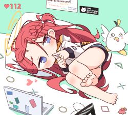 Rule 34 | 1girl, ass, barefoot, blue archive, blush, computer, full body, halo, hana kazari, highres, jacket, laptop, long hair, long sleeves, looking at viewer, panties, peroro (blue archive), purple eyes, red hair, soles, solo, toes, underwear, white jacket, white panties, yellow halo, yuzu (blue archive)
