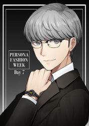 Rule 34 | 1boy, black-framed eyewear, black background, black suit, clenched hand, closed mouth, collared shirt, commentary, copyright name, english commentary, english text, eyebrows hidden by hair, formal, glasses, grey eyes, grey hair, hand up, highres, kuki tan, lips, looking at viewer, male focus, narukami yuu, nose, persona, persona 4, semi-rimless eyewear, shirt, short hair, simple background, smile, solo, suit, swept bangs, upper body, watch, white shirt, wristwatch
