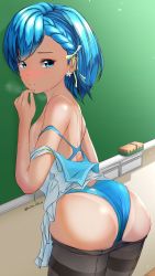 Rule 34 | 1girl, aigami kaon, ass, black pantyhose, blue eyes, blue hair, blue sailor collar, blue one-piece swimsuit, blush, board eraser, braid, chalkboard, clothes pull, commentary request, competition swimsuit, cowboy shot, earrings, garter-velvet, highres, jewelry, looking at viewer, nose blush, one-piece swimsuit, one-piece tan, original, pantyhose, pantyhose pull, sailor collar, sailor shirt, school uniform, serafuku, shirt, short hair, solo, star (symbol), star earrings, strap slip, swimsuit, swimsuit under clothes, tan, tanline