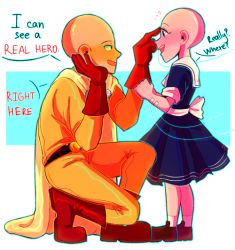 Rule 34 | 1boy, 1girl, bald, bapogichi, blue eyes, cape, child, dress, english text, formal, gloves, happy, intravenous drip, one-punch man, pointing, sailor dress, saitama (one-punch man), sick, simple background, sleeves rolled up, socks, suit, yellow suit