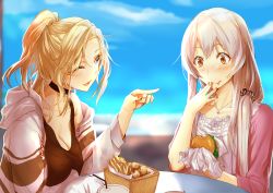 Rule 34 | 2girls, alternate costume, blonde hair, blue eyes, blurry, blurry background, breasts, burger, choker, cleavage, cup, disposable cup, drinking straw, eating, fast food, food, french fries, highres, holding, holding food, hornet (kancolle), kantai collection, kyougoku touya, lettuce, long hair, looking at another, medium breasts, multiple girls, one eye closed, open mouth, orange eyes, pointing, short ponytail, shoukaku (kancolle), tank top, white hair