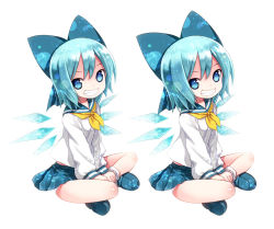 Rule 34 | 1girl, alternate costume, bad id, bad pixiv id, blue eyes, blue hair, bow, cirno, female focus, full body, hair bow, kiira, multiple persona, school uniform, short hair, simple background, sitting, smirk, solo, stereogram, touhou, v arms, white background, wings