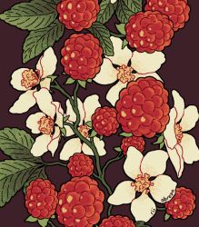 Rule 34 | berry, brown background, cropped, dark background, flower, food, fruit, leaf, no humans, original, paid reward available, plant, plant focus, raspberry, rii abrego, signature, simple background, white flower