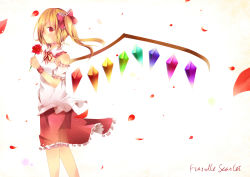 Rule 34 | 1girl, adapted costume, bad id, bad pixiv id, blonde hair, blouse, flandre scarlet, from side, highres, petals, red eyes, rose petals, shirt, side ponytail, sleeveless, sleeveless shirt, solo, tamagogayu1998, touhou, white shirt, wings