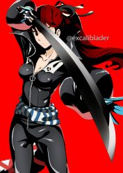 Rule 34 | 1girl, arm up, black bodysuit, black ribbon, blue gloves, bodysuit, breasts, cleavage, collarbone, cosplay, cowboy bebop, excaliblader, female focus, floating hair, gloves, hair ribbon, highres, holding, holding sword, holding weapon, katana, kitagawa yuusuke, kitagawa yuusuke (cosplay), long hair, looking at viewer, matching hair/eyes, medium breasts, partially unzipped, persona, persona 5, persona 5 the royal, ponytail, red background, red eyes, red hair, ribbon, simple background, sleeveless, solo, standing, sword, twitter username, very long hair, weapon, yoshizawa kasumi