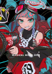 Rule 34 | 1girl, 39, aqua hair, bare shoulders, black jacket, blunt bangs, chain, chain necklace, character name, clothing cutout, commentary request, detached hair, down jacket, goggles, goggles on head, green eyes, grin, hassan (sink916), hatsune miku, highres, holding, holding megaphone, jacket, jewelry, long sleeves, looking at viewer, magical mirai (vocaloid), magical mirai miku, magical mirai miku (2023), megaphone, navel cutout, necklace, number tattoo, off shoulder, red nails, shirt, sleeveless, sleeveless shirt, smile, solo, tattoo, two-sided fabric, two-sided jacket, upper body, urban style, vocaloid