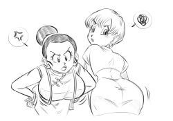 Rule 34 | 2girls, anger vein, ass, bent over, bracelet, breasts, bulma, chi-chi (dragon ball), commentary, dragon ball, dragonball z, earrings, english commentary, funsexydb, graphite (medium), greyscale, hair bun, hands on own hips, highres, jewelry, large breasts, lips, looking back, monochrome, multiple girls, open mouth, short hair, single hair bun, skirt, spoken anger vein, spoken squiggle, squiggle, traditional media