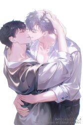 Rule 34 | 2boys, black pants, brown hair, closed eyes, collarbone, collared shirt, cowboy shot, hand on another&#039;s head, highres, hug, ilay riegrow, jeong taeui, male focus, multiple boys, pants, passion (manhwa), shirt, simple background, teeth, twitter username, white background, white hair, white shirt, whiteislife 4, yaoi