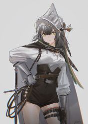 Rule 34 | 1girl, absurdres, arknights, belt, black cape, black shorts, breasts, cape, closed mouth, contrapposto, cowboy shot, fartooth (arknights), feather hair, gauntlets, grey background, grey hair, hand on own hip, helmet, high-waist shorts, highres, long hair, long sleeves, looking at viewer, medium breasts, shirt, shorts, signature, simple background, solo, sword, thigh strap, v-shaped eyebrows, weapon, white shirt, yellow eyes, yui (92935941)