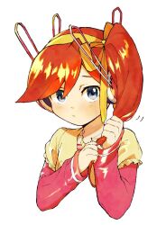 Rule 34 | 1girl, ace attorney, aged down, asayosi k, athena cykes, blue eyes, blush, closed mouth, crescent, crescent necklace, hair ornament, hair ribbon, twirling hair, headphones, highres, jewelry, long sleeves, necklace, orange hair, phoenix wright: ace attorney - dual destinies, ribbon, shirt, side ponytail, simple background, solo, upper body, white background, yellow ribbon, yellow shirt