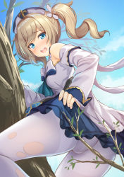 Rule 34 | 1girl, :d, barbara (genshin impact), bare shoulders, blonde hair, blue eyes, blue sky, blush, branch, climbing tree, clothes lift, drill hair, genshin impact, hat, highres, kageira, lifting own clothes, looking at viewer, open mouth, pantyhose, skirt, skirt lift, sky, smile, solo, tears, torn clothes, torn pantyhose, twin drills, twintails, white pantyhose