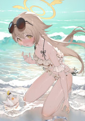 Rule 34 | 1girl, animal, beach, bikini, bird, blue archive, blush, brown hair, eyewear on head, halo, hifumi (blue archive), hifumi (swimsuit) (blue archive), highres, kneeling, long hair, looking at viewer, low twintails, nuda, ocean, official alternate costume, open mouth, paid reward available, peroro (blue archive), ribbon-trimmed swimsuit, ribbon trim, sand, sandals, solo, sunglasses, swimsuit, twintails, water, waves, white bikini, white footwear, yellow eyes