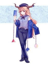 Rule 34 | 1girl, ainy, alternate costume, artist name, bad id, bad pixiv id, ball, belt, belt buckle, beret, black footwear, blue hat, blue jacket, blue pants, blue ribbon, buckle, chain, closed mouth, collared shirt, crossed legs, full body, hat, holding, horn ornament, horn ribbon, horns, ibuki suika, jacket, long hair, off shoulder, oni, open clothes, open jacket, orange hair, pants, police, pyramid (structure), red eyes, ribbon, shirt, shoes, signature, simple background, sleeveless, sleeveless shirt, smile, solo, standing, torn clothes, torn sleeves, touhou, two-tone background, watson cross, white background, wing collar