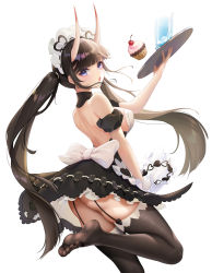 Rule 34 | 1girl, apron, ass, azur lane, back, backless dress, backless outfit, black hair, blunt bangs, brown thighhighs, cup, cupcake, dress, feet, food, frilled apron, frills, garter straps, highres, holding, holding tray, horns, liu liaoliao, long hair, noshiro (azur lane), noshiro (hold the ice) (azur lane), oni horns, simple background, soles, solo, standing, standing on one leg, thighhighs, toes, tray, twintails, very long hair, white background
