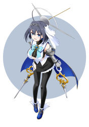 Rule 34 | 1girl, absurdres, blue eyes, blue hair, bow, bow earrings, breasts, chain, chain headband, detached sleeves, duplicate, earrings, felutiahime, hair intakes, head chain, highres, holding, holding sword, holding weapon, hololive, hololive english, jewelry, large breasts, ouro kronii, ouro kronii (1st costume), pixel-perfect duplicate, short hair, solo, sword, thighhighs, virtual youtuber, weapon