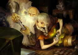 Rule 34 | 1boy, 1girl, :&lt;, arrow (projectile), beard, braid, controller, dragon&#039;s crown, dualshock, dwarf (dragon&#039;s crown), elf (dragon&#039;s crown), facial hair, game console, game controller, gamepad, handheld game console, long hair, lying, mouse (animal), n.a., official style, on side, playing games, playstation 3, playstation controller, playstation vita, pointy ears, pteruges, television, thighhighs, twin braids, white hair, zettai ryouiki