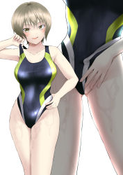 Rule 34 | 1girl, akebi-chan no serafuku, black one-piece swimsuit, breasts, brown eyes, clothes pull, collarbone, commission, competition swimsuit, cowboy shot, frontal wedgie, highres, kagiyama shachou, looking at viewer, medium breasts, minakami riri, multiple views, one-piece swimsuit, one-piece swimsuit pull, silver hair, skeb commission, standing, swimsuit, wedgie