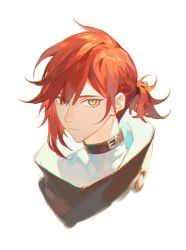 Rule 34 | 1boy, alannoran, asymmetrical hair, choker, closed mouth, glint, green eyes, hair over one eye, high collar, looking at viewer, male focus, original, ponytail, portrait, red hair, simple background, single sidelock, solo, turtleneck, white background