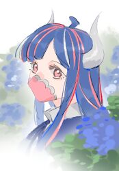Rule 34 | 1girl, ahoge, blue flower, blue hair, covered mouth, curled horns, dinosaur girl, flower, horns, jewelry, long hair, looking at viewer, mask, mouth mask, multicolored hair, necklace, one piece, pink eyes, pink hair, pink mask, raine (acke2445), solo, streaked hair, ulti (one piece)