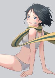 Rule 34 | 1girl, ass, bandaid, bandaid on face, black hair, blue eyes, blush, brave witches, breasts, grey background, hato ni olive teppou, kanno naoe, looking at viewer, looking back, open mouth, panties, scarf, short hair, simple background, sitting, small breasts, solo, sports bra, underwear, white panties, white sports bra, world witches series