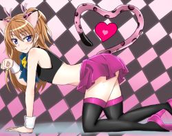 Rule 34 | 10s, 1girl, all fours, animal ears, bad id, bad pixiv id, bell, black thighhighs, blue eyes, bow, brown hair, cat ears, cat tail, checkered background, crop top, full body, gen (renoir1124), heart, heart tail, high heels, houjou hibiki, jingle bell, kemonomimi mode, long hair, miniskirt, panther pink (precure), paw pose, pink skirt, precure, skirt, smile, solo, suite precure, tail, thighhighs, two side up, wrist cuffs