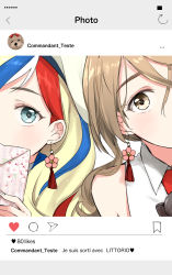 Rule 34 | 2girls, absurdres, aqua eyes, beret, blonde hair, blue hair, brown eyes, brown hair, close-up, commandant teste (kancolle), covered mouth, earrings, fake screenshot, floral print, flower earrings, french text, hat, heart, highres, instagram, jewelry, kantai collection, littorio (kancolle), morinaga miki, mouth out of frame, multicolored hair, multiple girls, out of frame, fake phone screenshot, red hair, side-by-side, streaked hair, translated