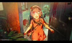 Rule 34 | 1girl, aged down, artist name, bag, black hair, blood, blood in hair, blood on arm, blood on clothes, blood on face, blood on hands, blush, carpet, child, corpse, cowboy shot, dog, doorway, dress, english text, facing viewer, fireplace, flower, hairband, happy, highres, implied murder, letterboxed, long hair, milk ko, open door, open mouth, plant, red dress, red flower, red rose, rose, short sleeves, shoulder bag, sparkle, spy x family, stool, wallpaper (object), watermark, web address, yor briar