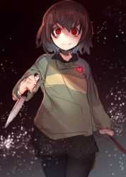 Rule 34 | 1girl, androgynous, blurry, brown hair, chara (undertale), cowboy shot, crazy, depth of field, heart, heart necklace, holding, holding knife, jewelry, knife, long sleeves, looking at viewer, necklace, otokuyou, pendant, red eyes, reverse grip, shirt, short hair, sketch, solo, undertale