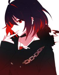 Rule 34 | 1girl, 6 (yuchae), :d, antenna hair, black hoodie, chain, earrings, hair between eyes, hand on own chin, hand on own face, honkai (series), honkai impact 3rd, hood, hoodie, jewelry, long sleeves, necklace, open mouth, red eyes, red hair, seele (alter ego), seele vollerei, short hair, simple background, smile, solo, teeth, white background
