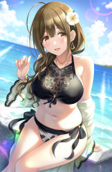 Rule 34 | 1girl, :d, ahoge, arm support, armpit crease, bare shoulders, bikini, black bikini, blue sky, blush, breasts, brown eyes, brown hair, cleavage, cloud, day, dutch angle, earrings, floral print, flower, glint, hair flower, hair ornament, hand up, horizon, huge ahoge, idolmaster, idolmaster shiny colors, jewelry, kuwayama chiyuki, large breasts, lens flare, long hair, looking at viewer, nail polish, navel, necklace, ocean, off shoulder, open clothes, open mouth, open shirt, outdoors, pendant, pink nails, print bikini, see-through, see-through cleavage, side-tie bikini bottom, sidelocks, sitting, sky, sleeves past wrists, smile, solo, stomach, swimsuit, thighs, urabi (tomatohouse), water, white flower, wide sleeves, wristband