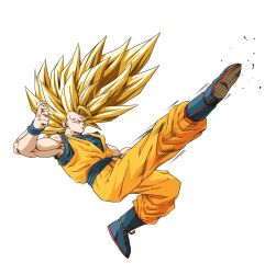 Rule 34 | 1boy, biceps, blonde hair, blue footwear, blue sash, blue shirt, blue wristband, boots, commentary request, dougi, dragon ball, dragonball z, floating hair, full body, green eyes, hand up, hashagu, highres, kicking, leg up, long hair, male focus, motion lines, muscular, muscular male, no eyebrows, orange pants, pants, parted lips, sash, shirt, simple background, solo, son goku, spiked hair, super saiyan, super saiyan 3, v-shaped eyebrows, white background, wristband