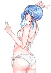 Rule 34 | 1girl, absurdres, ass, bikini, blue eyes, blue hair, blue nails, blush, breasts, closed mouth, double v, fingernails, gluteal fold, hair between eyes, halterneck, highres, hololive, hoshimachi suisei, kokechan, looking at viewer, looking back, medium hair, nail polish, side-tie bikini bottom, side ponytail, simple background, small breasts, smile, solo, star (symbol), star in eye, string bikini, swimsuit, symbol in eye, v, virtual youtuber, white background, white bikini