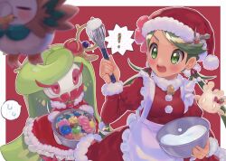 Rule 34 | !, 1girl, abe (kumayu), alternate costume, apron, blush, bowl, breasts, commentary request, creatures (company), dress, flying sweatdrops, game freak, gen 7 pokemon, gen 8 pokemon, green eyes, green hair, hat, highres, holding, holding whisk, icing, long hair, long sleeves, mallow (pokemon), medium breasts, milcery, nintendo, open mouth, pokemon, pokemon (creature), pokemon sm, red dress, red headwear, rowlet, santa hat, spoken flying sweatdrops, teeth, tsareena, twintails, waist apron, whisk, white apron