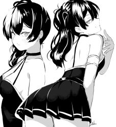 1girl anho ass blush breasts cleavage dress greyscale looking_at_viewer looking_back medium_breasts medium_hair monochrome multiple_views shoulder_blades sousou_no_frieren ubel_(sousou_no_frieren)