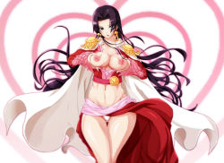 Rule 34 | 1girl, abs, black eyes, black legwear, boa hancock, breasts squeezed together, breasts, cape, earrings, hair intakes, jeibii, jewelry, large breasts, long hair, looking at viewer, midriff, navel, nipples, one piece, solo, very long hair