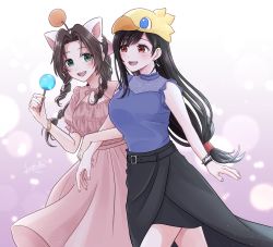Rule 34 | 2girls, aerith gainsborough, arm hug, black hair, black skirt, bracelet, braid, braided ponytail, breasts, brown hair, candy, casual, chocobo, cowboy shot, dress, earrings, final fantasy, final fantasy vii, final fantasy vii remake, food, green eyes, hair ribbon, hat, highres, holding, holding another&#039;s arm, holding candy, holding food, holding lollipop, jewelry, kt9 ct, lollipop, long hair, long skirt, looking at another, low-tied long hair, moogle, multiple girls, open mouth, pink dress, pink ribbon, red eyes, ribbon, skirt, square enix, tifa lockhart