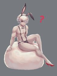 Rule 34 | 1boy, ?, bare shoulders, black sclera, rabbit hair ornament, colored sclera, commentary request, grey background, hair ornament, hair over one eye, highres, juuni taisen, male focus, navel, red eyes, red footwear, revealing clothes, salmon (657931354), short hair, simple background, sitting, solo, white hair, wrist cuffs
