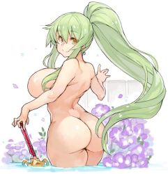 Rule 34 | 1girl, ass, back, backboob, breasts, commentary request, completely nude, cowboy shot, curvy, fence, flower, from behind, green hair, hair between eyes, hip focus, holding, holding sword, holding weapon, huge ass, huge breasts, long hair, nude, original, outdoors, ponytail, pool, sachito, sidelocks, smile, solo, standing, sumi-chan (sachito), sword, thick thighs, thighs, very long hair, wading, weapon, wide hips, yellow eyes