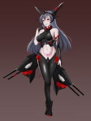 Rule 34 | 1girl, abyssal ship, asymmetrical gloves, bad id, bad pixiv id, bare shoulders, black footwear, black gloves, black legwear, blush, bodysuit, breasts, brown background, cameltoe, corruption, dark persona, elbow gloves, full body, gloves, grey hair, headgear, highres, kantai collection, large breasts, long hair, looking at viewer, matrix16, midriff, nagato (kancolle), pale skin, pubic tattoo, red eyes, rigging, simple background, single elbow glove, skin tight, sleeveless, solo, stomach, tattoo, turret, uneven gloves