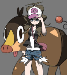 Rule 34 | 1girl, bag, black vest, blue eyes, breasts, brown hair, closed mouth, creatures (company), denim, denim shorts, game freak, gen 5 pokemon, grey background, hat, hilda (pokemon), long hair, looking at viewer, nintendo, pokemon, pokemon (creature), pokemon bw, ponytail, shaded face, shirt, shorts, shoulder bag, simple background, sleeveless, sleeveless shirt, small breasts, tepig, tirarizun, tongue, tongue out, torn clothes, torn shorts, vest, white shirt