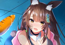 Rule 34 | 1girl, blush, breasts, brown hair, carrot, character request, copyright request, derivative work, food, highres, indie virtual youtuber, long hair, meme, open mouth, parody, sailor moon redraw challenge (meme), sexually suggestive, solo, upper body, usagihime, virtual youtuber, yellow eyes
