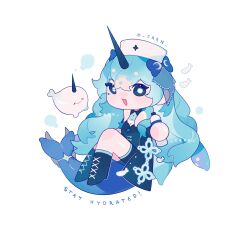 Rule 34 | 1girl, absurdres, air bubble, animal, blue coat, blue eyes, blue footwear, blue hair, boots, bottle, bright pupils, bubble, cetacean tail, chibi, coat, commentary, crrn, english commentary, fins, fish tail, full body, hand up, highres, holding, horns, long hair, looking at viewer, narwhal, open mouth, original, simple background, single horn, solo, tail, water bottle, white background
