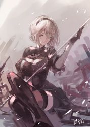 Rule 34 | 1girl, absurdres, black dress, black footwear, black gloves, black hairband, black thighhighs, breasts, cleavage, cleavage cutout, clothing cutout, debris, dokuro deluxe, dress, gloves, grey eyes, grey hair, hair between eyes, hairband, highres, holding, holding sword, holding weapon, katana, nier (series), nier:automata, parted lips, puffy sleeves, rubble, short hair, sitting, sketch, solo, sword, thighhighs, turtleneck, weapon, 2b (nier:automata)
