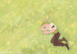 Rule 34 | 1boy, absurdres, bandana, blush, closed eyes, field, flower, flower field, from above, grass, green hair, highres, lying, male focus, no.6 (numberr 6), on side, one piece, painterly, pants, roronoa zoro, scar, scar across eye, shirt, short hair, sleeping, solo