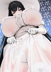 Rule 34 | 1girl, black eyes, black hair, blush, breasts, covered erect nipples, dress, gloves, hasshaku-sama, hat, highres, huge breasts, long hair, looking at viewer, original, poharo, see-through, see-through dress, solo, sun hat, text background, white dress, white gloves