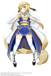 Rule 34 | 1girl, absurdly long hair, annoyed, arksign, blonde hair, blue eyes, blush, breasts, bridal gauntlets, cleavage, frown, full body, hands on own hips, highres, kimura shigetaka, long hair, low-tied long hair, obi, official art, platform footwear, sash, shawl, simple background, skindentation, solo, thighhighs, tiara, very long hair, white thighhighs, yui (arksign)
