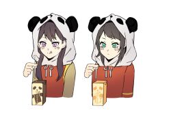 2girls animal_ear_hood bang_dream! bang_dream!_it&#039;s_mygo!!!!! black_hair blue_eyes carton chinese_commentary commentary_request drinking_straw fake_animal_ears highres hood hood_up licking_lips long_hair medium_hair mole mole_under_eye multiple_girls pc_0626 purple_eyes shiina_taki simple_background tongue tongue_out upper_body white_background yahata_umiri